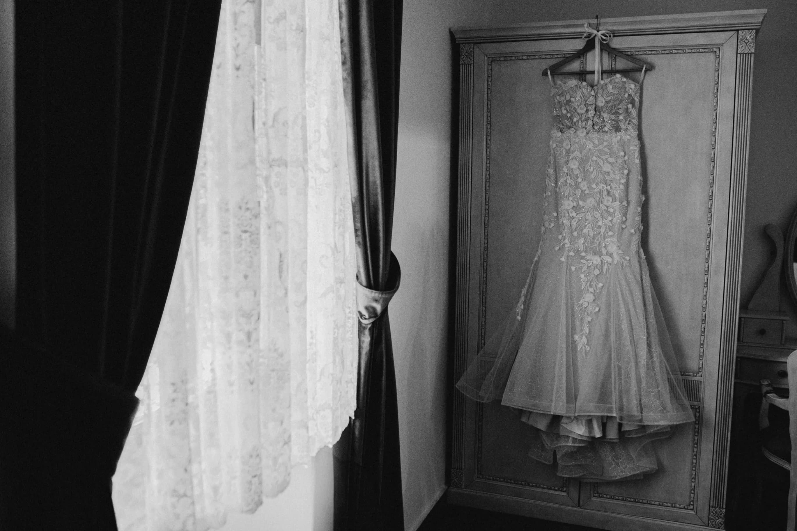 Anastasija's wedding dress hanging