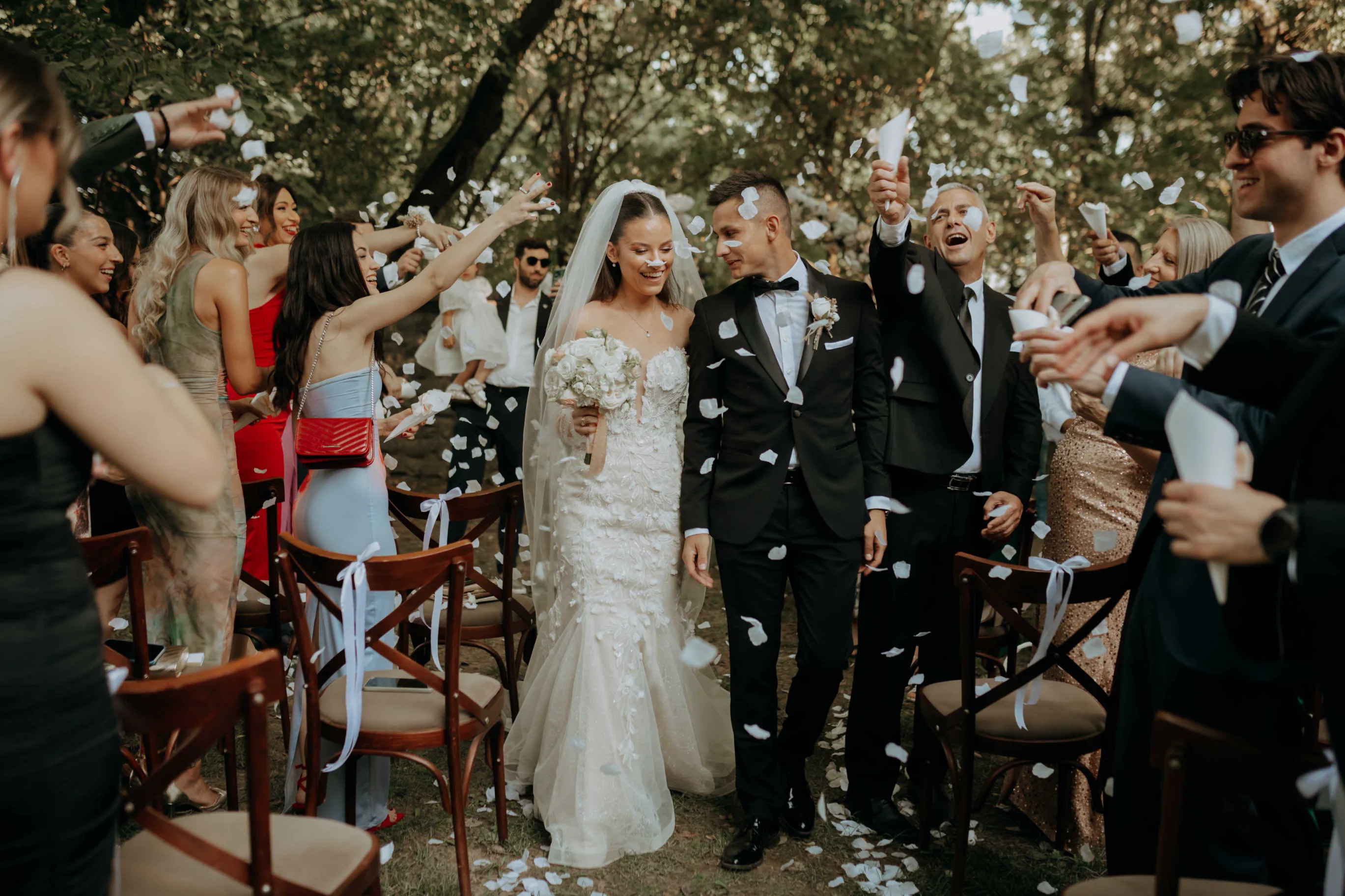 Wedding party on city steps